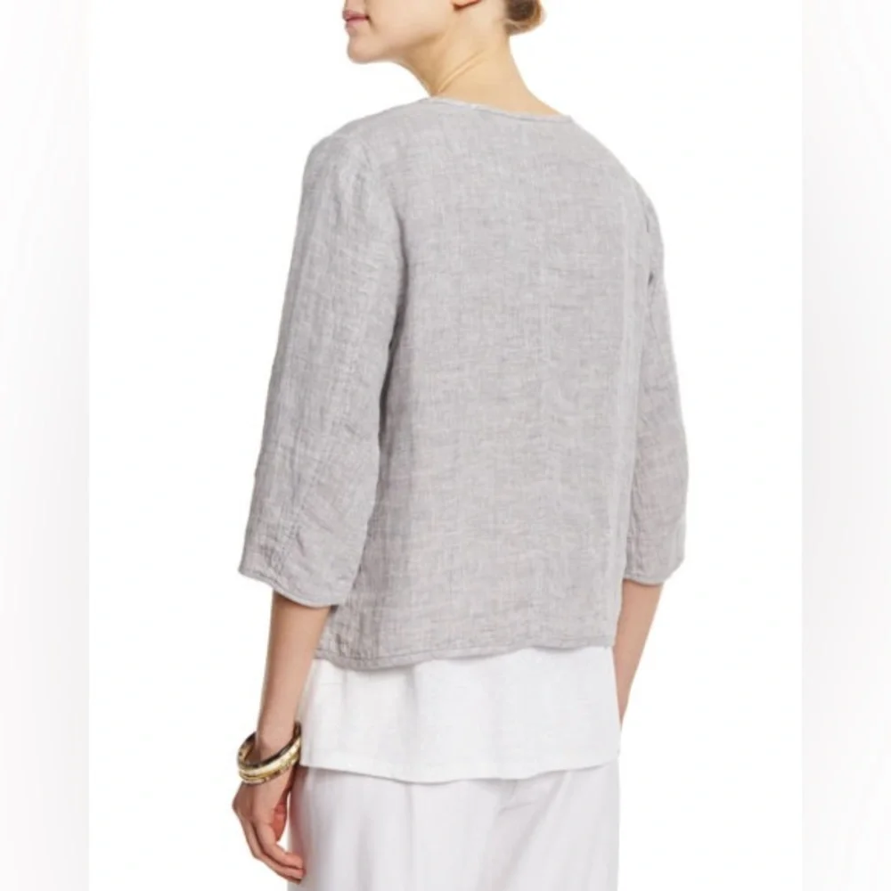 EILEEN FISHER Check Linen Round Neck Jacket in Dark Pearl Grey